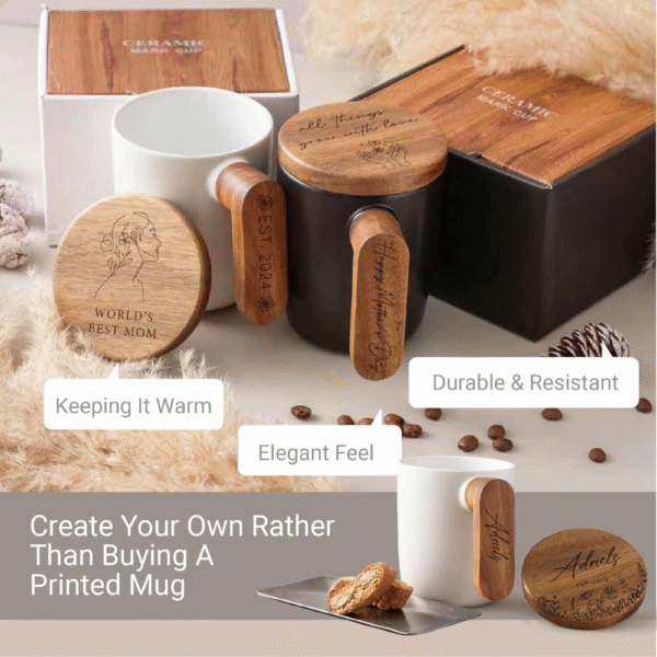 Mechronik Engraved Ceramic Coffee Mug – 12oz Gift with Acacia Wood Lid & Handle - Image 4